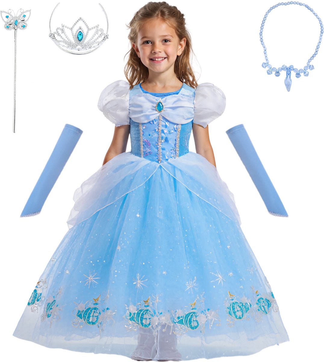 Joya Kids® Assepoester Verkleedjurk Meisjes | Prinsessenjurk Lichtblauw met Accessoires | Kroon, Staf, Handschoenen & Sieraden | Carnaval & Verjaardag | Maat 140